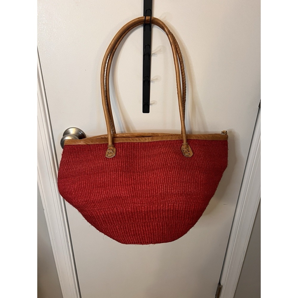 Vintage African Sisal Woven Red Tote Bag with Tan Handles
